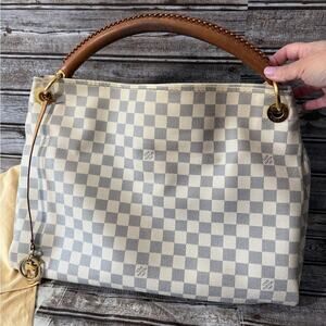 Louis Vuitton Damier Azur Canvas Hobo Tote with Brown Leather Handle